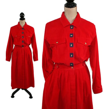 90s Button Up Corduroy Maxi Dress Medium Petite, Long Sleeve Red Shirtwaist Modest Winter with Pockets, 1990s Clothes Women Vintage Talbots 