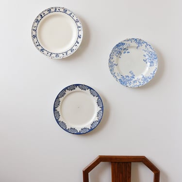 set of four vintage French blue and white transferware hanging plates
