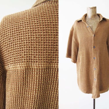 90s Waffle Knit Button Up M - Unisex Vintage 1990s Brown Textured Cotton Knitted Short Sleeve Shirt - Earth Tone Solid Color Clothing 