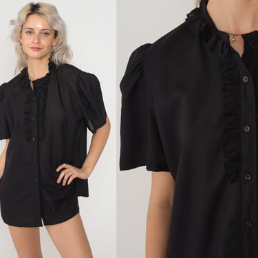 Black Ruffle Blouse 70s Puff Sleeve Top Ruffled Button up Shirt Retro Secretary Blouse Seventies Simple Plain Vintage 1970s Extra Large xl 