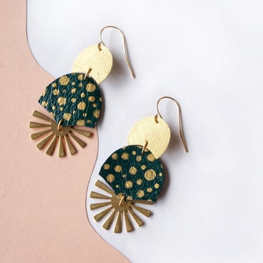Radial Burst Spotted Statement Earrings in Emerald Green earrings with Gold Polka Dots - Art Deco brass shapes 