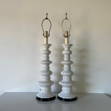 70's Hollywood Regency White Ceramic Glaze Table Lamps - a Pair 