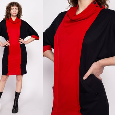 80s Red & Black Batwing Sleeve Mini Dress - Medium | Vintage Color Block Cowl Neck 3/4 Sleeve Dress 