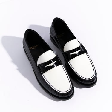 SAINT LAURENT Black & White Patent Loafers (Sz. 38)