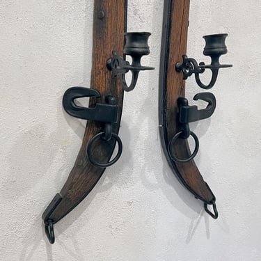 25"L Horse Hame Candle Sconces, Set of Two Antique Wood and Iron Candlestick Wall Sconces, Repurposed Decor 