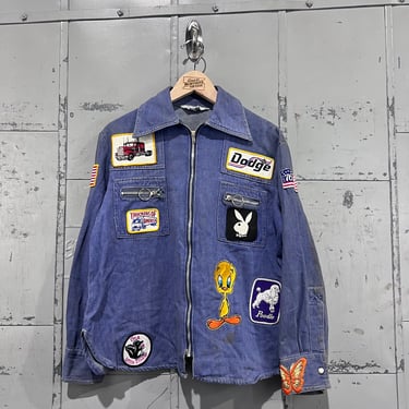 70s 100% cotton denim zip up trucker  jacket patches  size 38 