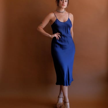 Vintage Navy Blue Silk Bias Cut Slip Dress/ Small Medium 