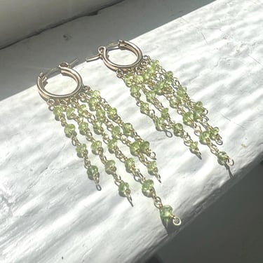 Brat Green Peridot Hoop Fringe Goldfilled Chain Dangle Earrings 