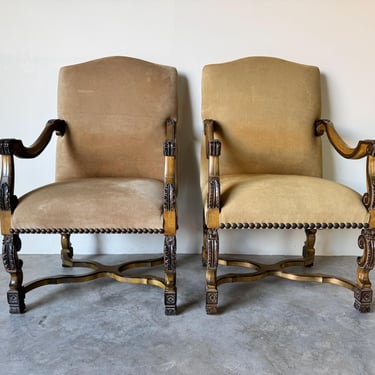 Pair of Vintage Louis XIV-Style Suede Leather and Carved Wood Armchairs by Kreiss Collection 