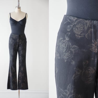 70s style bellbottoms | 90s y2k vintage black floral rose pattern cottagecore low rise bellbottom flare pants 
