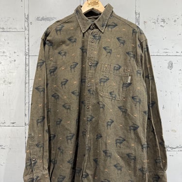 Vintage 90s Woolrich Chamois Shirt Green Elk Button Up Shirt Shacket size XL vintage 1990s one pocket 