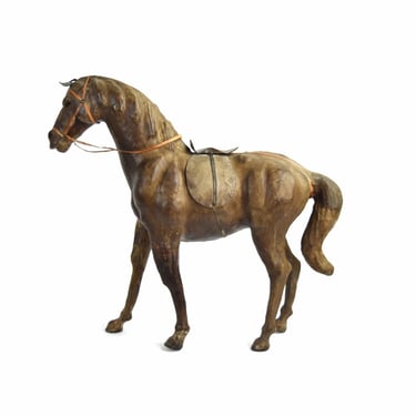 Vintage Rustic Pieced Leather Horse Figure Sculpture w Glass Eyes 