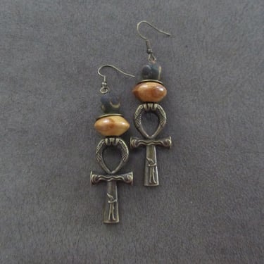 Ankh Egyptian African earrings, khaki Tibetan agate 