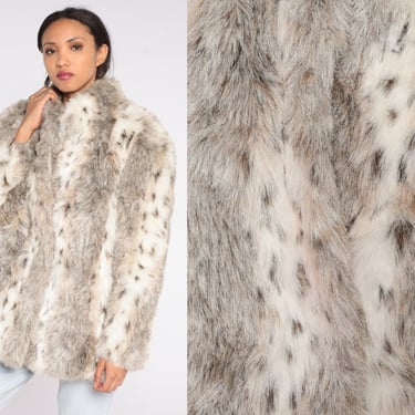 Faux Fur Jacket 90s Snow Leopard Fake Fur Coat Vegan Animal Print Jacket Boho Furry Glam Rock Fuzzy Brown Cream Vintage 1990s Small Medium 