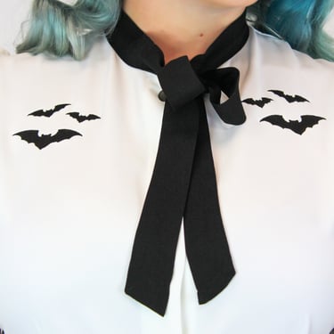 Embroidered Bats Tie-Neck Blouse - Off White XS-3XL 