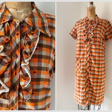 Vintage 1970’s dagger collar plaid dress with ruffled bib | orange & brown plaid 