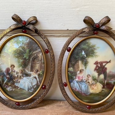 Vintage Italian Hand Painted Scenes, Minstrel With 2 Women, Pastoral Scenes, French Artist, Small Oval, Nicolas Lancret, Rococo, Original 