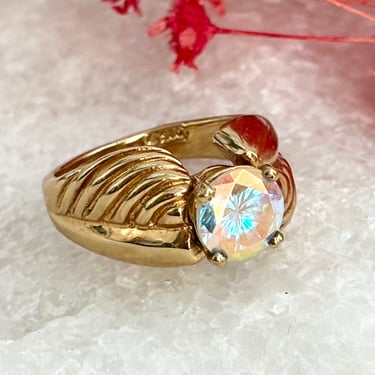 Vintage Sterling Silver Vermeil Gold Tone Iridescent Gemstone Striped Art Deco Ring - Size 8 