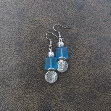 Blue sea glass earrings, boho chic earrings, tribal ethnic earrings, bold earrings, silver earrings, unique artisan earrings, small 