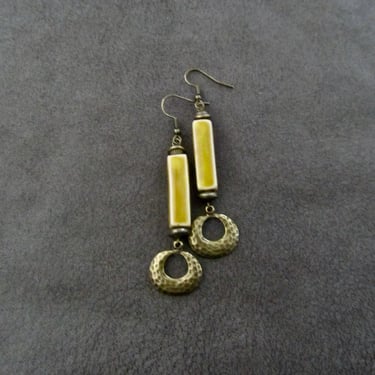 Bohemian earrings, hammered bronze earrings, ceramic earrings, unique artisan earrings, boho earrings, rustic mustard gypsy earrings 
