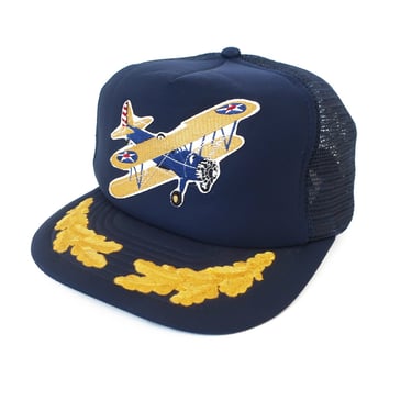 vintage trucker hat / airplane hat / 1990s biplane airplane trucker captains hat mesh snapback hat cap 