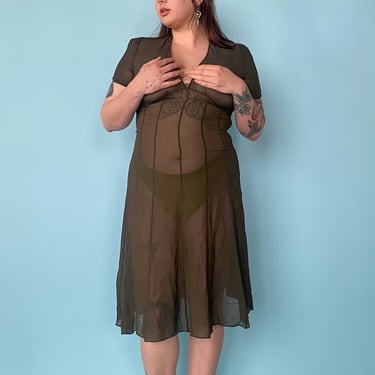 1990s Olive Green Embroidered Sheer Dress, sz. XL