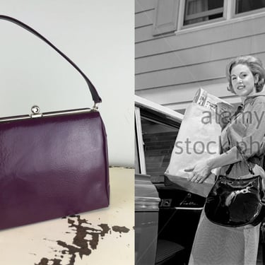 Stylish Grocery Shopping - Vintage 1950s Dark Purple Plum Faux Leather Frame Vagabond Handbag Purse - Rare Colour 