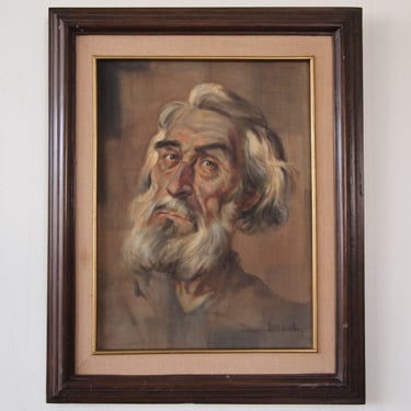 Original 1973 LUIS AMENDOLLA Portrait PAINTING 21x17" Framed, Old Man Beard, Mid-Century Modern Art Mexican realism brown eames era 
