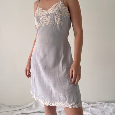 Handmade 1930's Pale Blue Silk Chiffon Spaghetti Strap Slip with White Lace