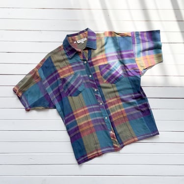 blue plaid shirt 90s vintage Stuart Lang cotton blouse 