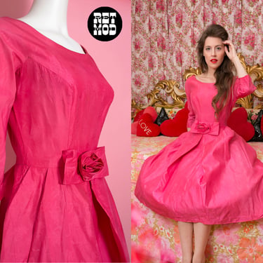 DREAMY Vintage 60s Dark Pink Fit & Flare Party Dress with Rosette and Built-In Crinoline 