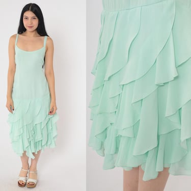 80s Mint Green Dress Ruffled Hem Spaghetti Straps Pastel Low Waist Party Dress Vintage 1980s Flapper Style Midi Dress Low Cut Large 12 