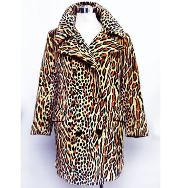 70's Chenille Velvet Leopard Ocelot Print Coat Jacket Wide Lapels Fitted 1970's Disco era Vintage Mid Length Coat Trenchcoat 1960's 