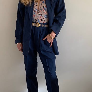 90s linen pant suit / vintage navy blue linen cotton high waisted pants + long blazer petite pant suit | Small 