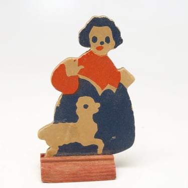Antique 1930's Pressed Cardboard Mary Had  Little Lamb on Wooden Base, from Mother Goose  Vintage Stand Up Toy 