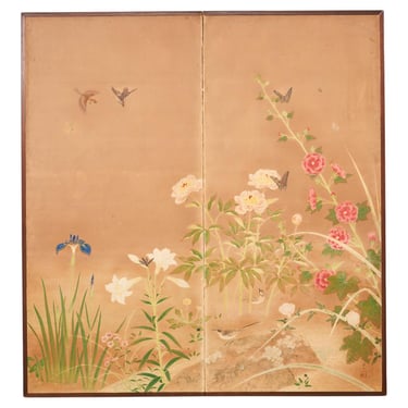 Japanese Showa Two Panel Screen Spring Flora and Fauna