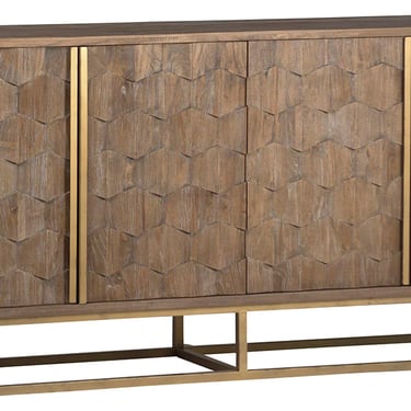 Elm Wood Sideboard Cabinet in brown stain with Brass Base/Handles and Iron Base by Terra Nova Furniture Los Angeles 
