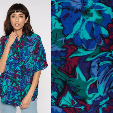 90s Button Up Shirt Dark Floral Blouse Abstract Blue Green Magenta Shirt Tropical Short Sleeve Summer Top Boho 1990s Vintage Extra Large XL 