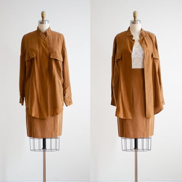 tan silk suit 80s 90s vintage golden brown oversized silk blouse skirt set 