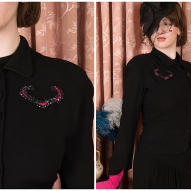 1940s Jacket - Elegant Vintage Rayon Crepe 40s Blouse with Beads and Embroidery 