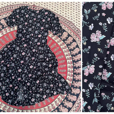 Vintage ‘80s ‘90s PUTUMAYO black floral print rayon dress | cottage core dress, S 