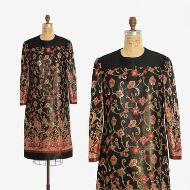 Vintage 60s Metallic gold floral lame Shift dress 