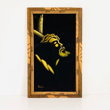 Vintage 1980s Abstract Kitsch Mexico Travel Souvenir Art Painting Black Velvet Jesus Christ Yellow 