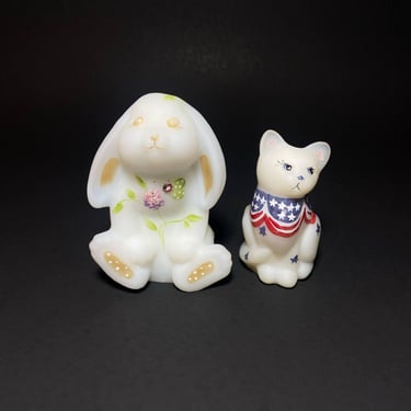 Fenton Art Glass. Bunny and Cat Figurines. Made of Opal Satin Glass . Hand-Painted and Signed 