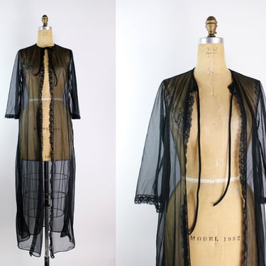 70s Black Sheer Nightgown Robe / Vintage Black robe / Wedding Slip/ Lace lingerie/ Size S/M 