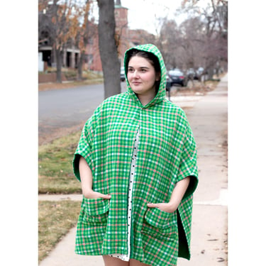 Vintage Hooded Cape Coat - 1960s, 1970s - Green Plaid - Wool - Cape With Arm Holes 