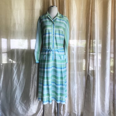 Striped Shirt Dress • 1970s Shirtdress • Drop Waist • Front Pockets & Pleats • 30s Feel • Springy • Leslie Pomer • Large - XL 