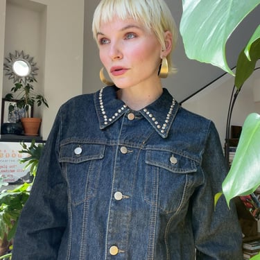 VTG 90s Dark Wash Denim Jacket with Studded Trim 