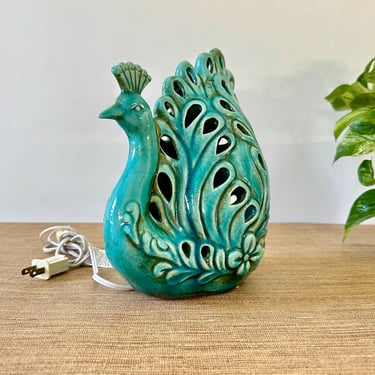 Vintage Ceramic Turquoise Peacock Lamp 