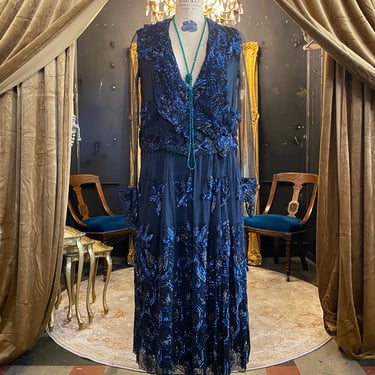 1920s cocktail dress, flapper, vintage dress, black net, blue sequins, drop waist, deep v neck, beaded butterfly, small, antique, Art Deco 